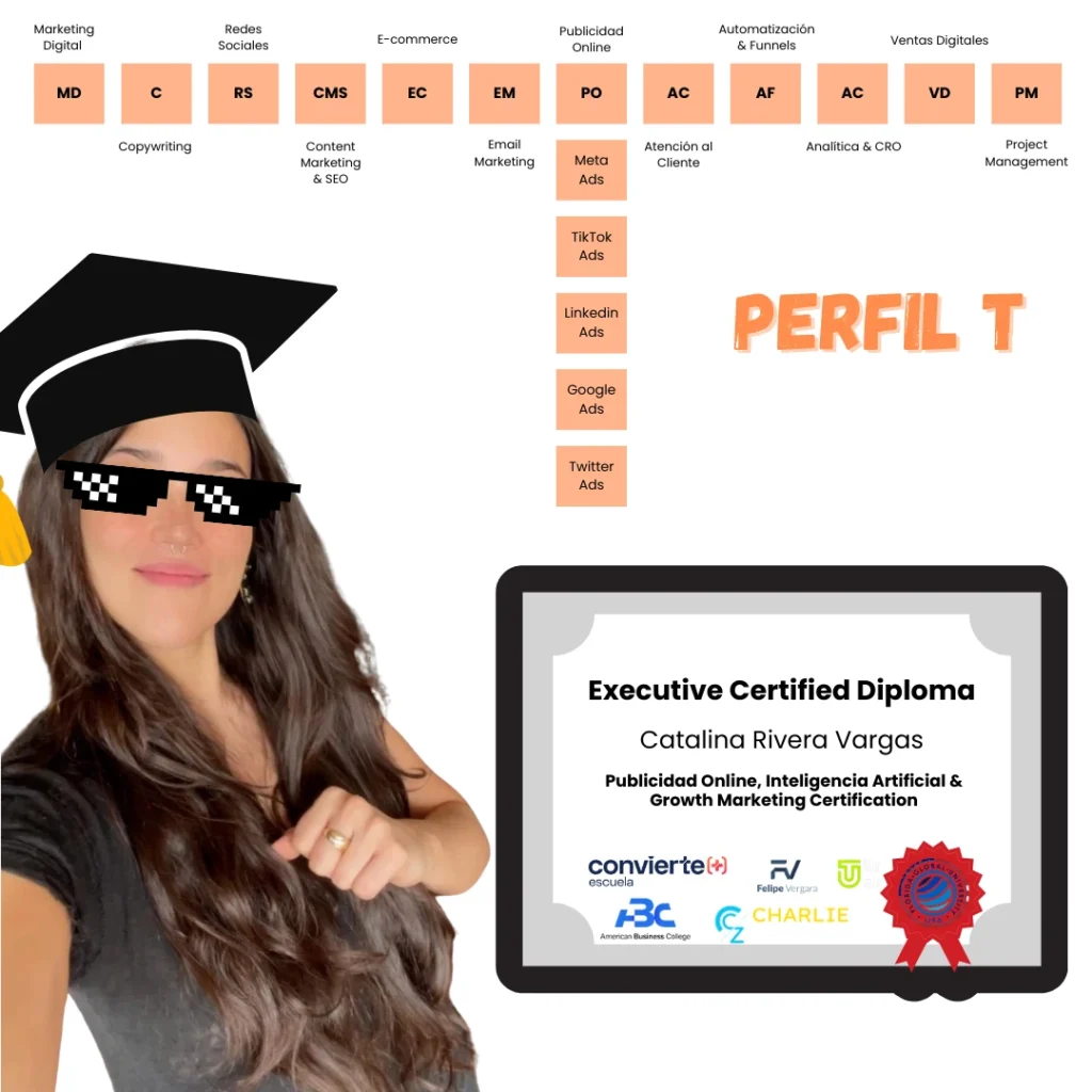 Catalina Rivera profesional certificada en Publicidad Online, Marketing Digital e Inteligencia Artificial con habilidades en Gestión de Proyectos y AI para negocios digitales