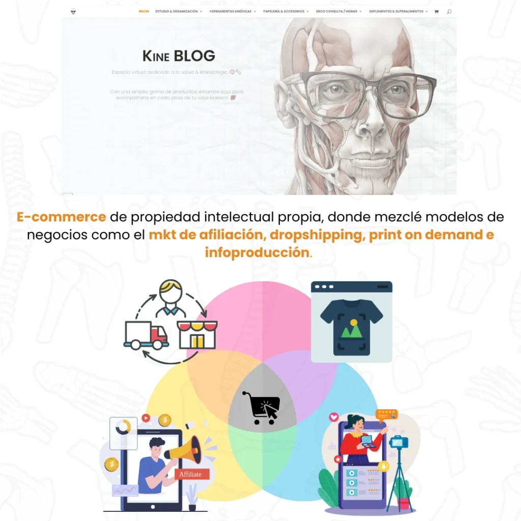 Página de inicio elblogdelakine.com, e-commerce en kinesiología con modelos de negocio integrados como marketing de afiliación, dropshipping, infoproducción e impresión bajo demanda.