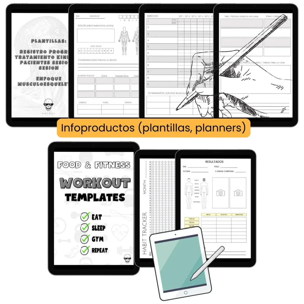 Plantillas y planners digitales inspirados en kinesiología para organización personal y profesional, pertenecientes al sitio web “elblogdelakine.com” y @kine.blog