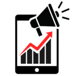 Logo de marca AdFlowSolutions. Imagen con un gráfico de crecimiento visualizado en dispositivo móvil y megáfono, simbolizando el uso de marketing y publicidad digital efectiva para el crecimiento de negocios gracias a la presencia digital estratégica y efectiva.