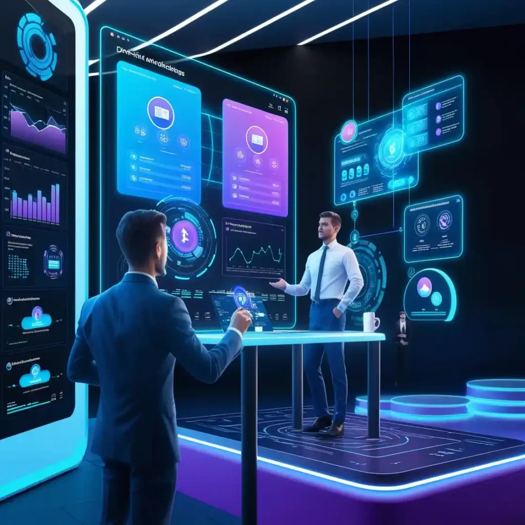 Ilustración futurista de un emprendedor interactuando con pantallas holográficas que muestran estrategias de marketing digital, análisis de datos y publicidad online. La imagen representa la automatización de negocios, el uso de inteligencia artificial y la optimización de campañas en plataformas como Meta Ads y Google Ads. Estilo tecnológico y moderno con colores vibrantes y elementos digitales.